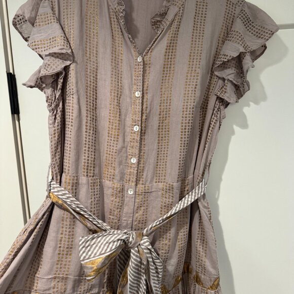 Oliphant Grey and Gold Flutter Sleeve  Belted Dress - Picture 10 of 14